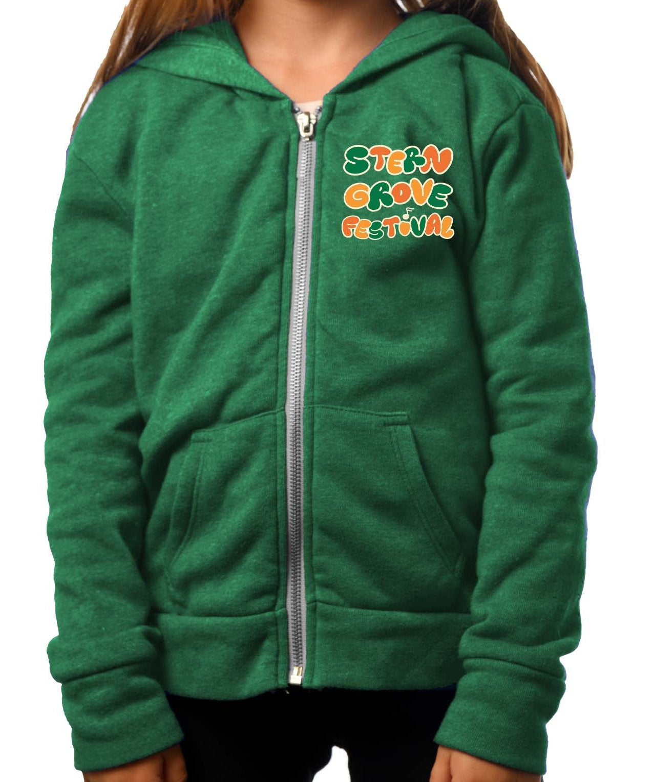 Green hoodie with a colorful graphic on a white background