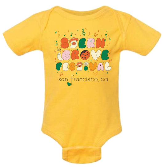 Yellow baby onesie with 'Sober Grove Festival San Francisco, CA' text on a white background