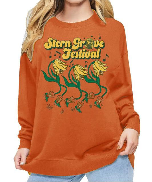 Orange sweatshirt with 'Stern Grove Festival' design on a white background
