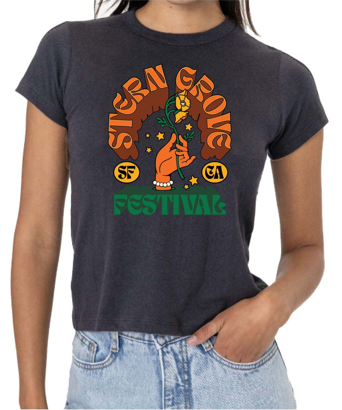 Person wearing a black t-shirt with 'Stern Grove Festival' graphic design.